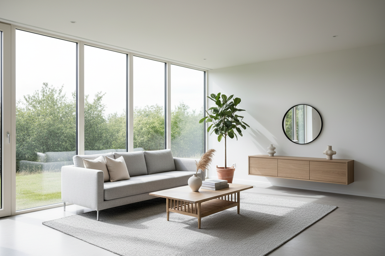 a modern but simple living room with good lighting